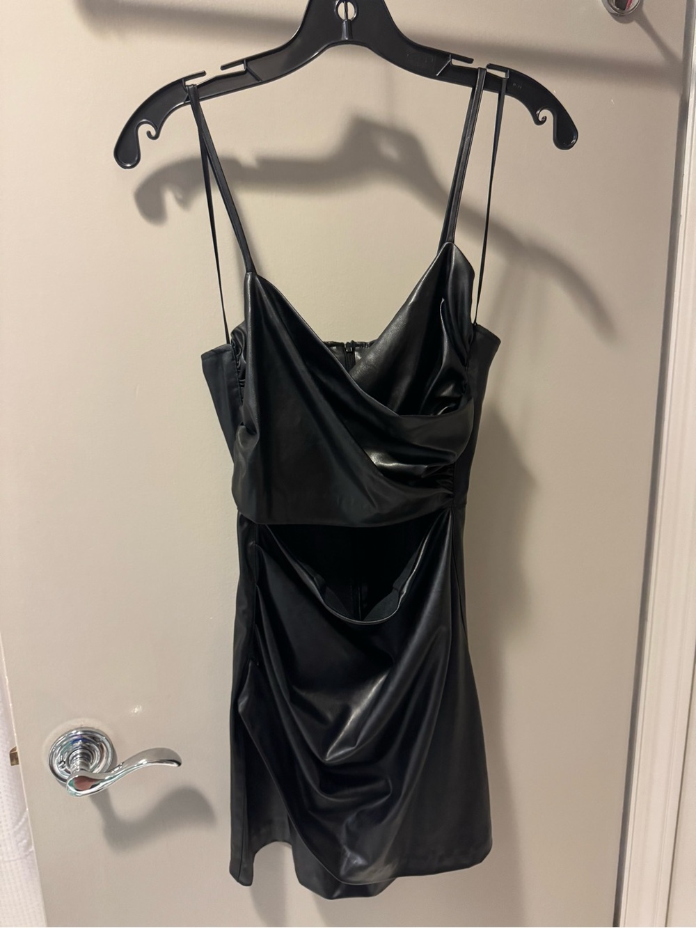 Zara Black Faux Leather Mini Slip Dress with Cutout